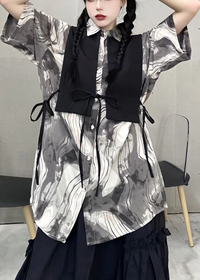 Original Design Oversized Tie Dye Lace Up Cotton Vest And Shirt Two Pieces Set Fall