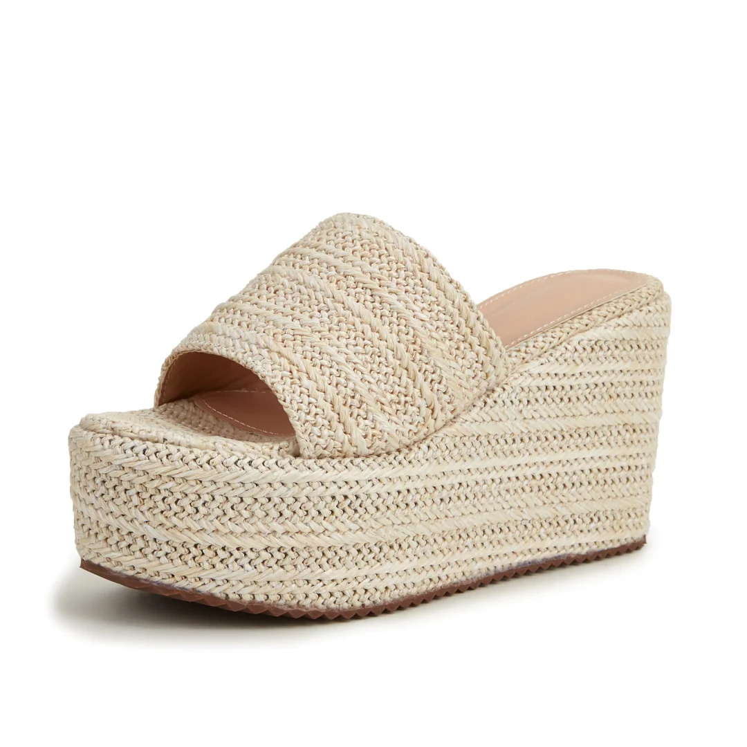 Qengg Open Toe Platform Slip On Women's Sandals Straw High Wedges Heeled Summer Shoes Elegant Beach Casual Beige Shoes Ladies