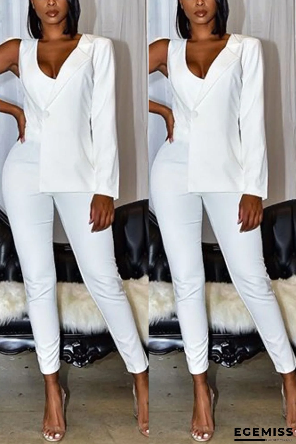 White Work Patchwork Solid Long Sleeve V Neck Jumpsuits | EGEMISS