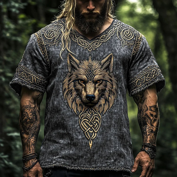 Men's Vintage Viking Wolf Print V-neck Linen Blend T-shirt