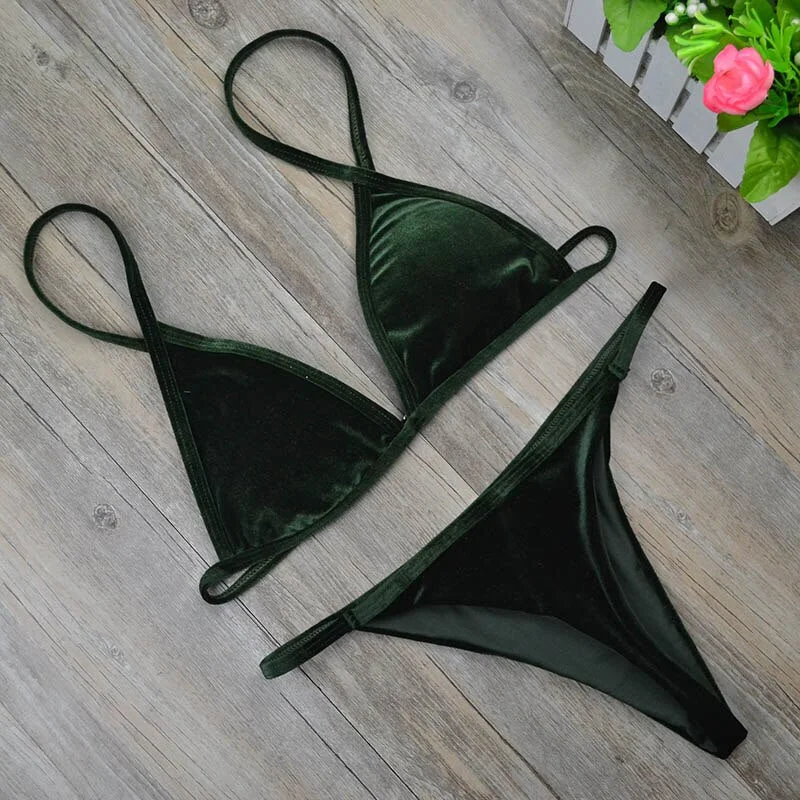 2019 Women Dark Green Orange Gold Velvet Thong Bikinis Sets Swimwear Swimsuit Brazilian Beach Wear Bathing Suit 2221