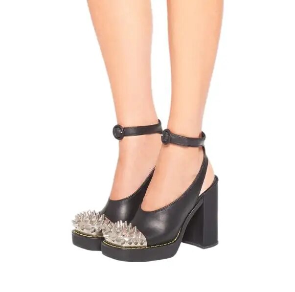 VCSHOES Punk Woman Black White Pink Genuine Leather Metal Rivets Slingback Pumps Female Square Toe Chunky Heels Shoes