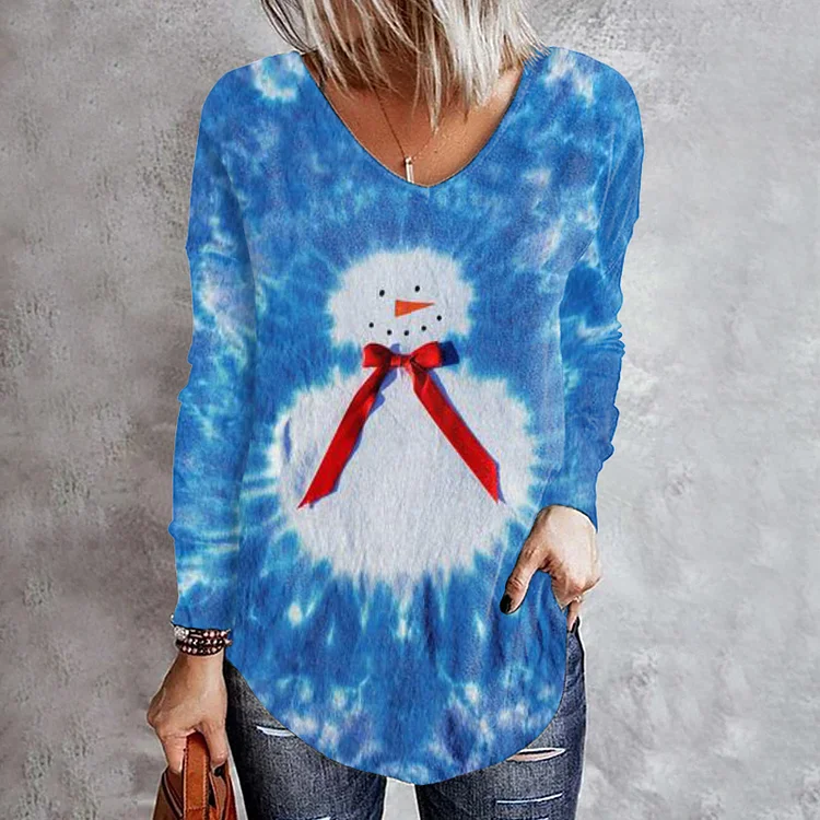 Wearshes Tie Dye Bow Snowman Long Sleeve T-Shirt