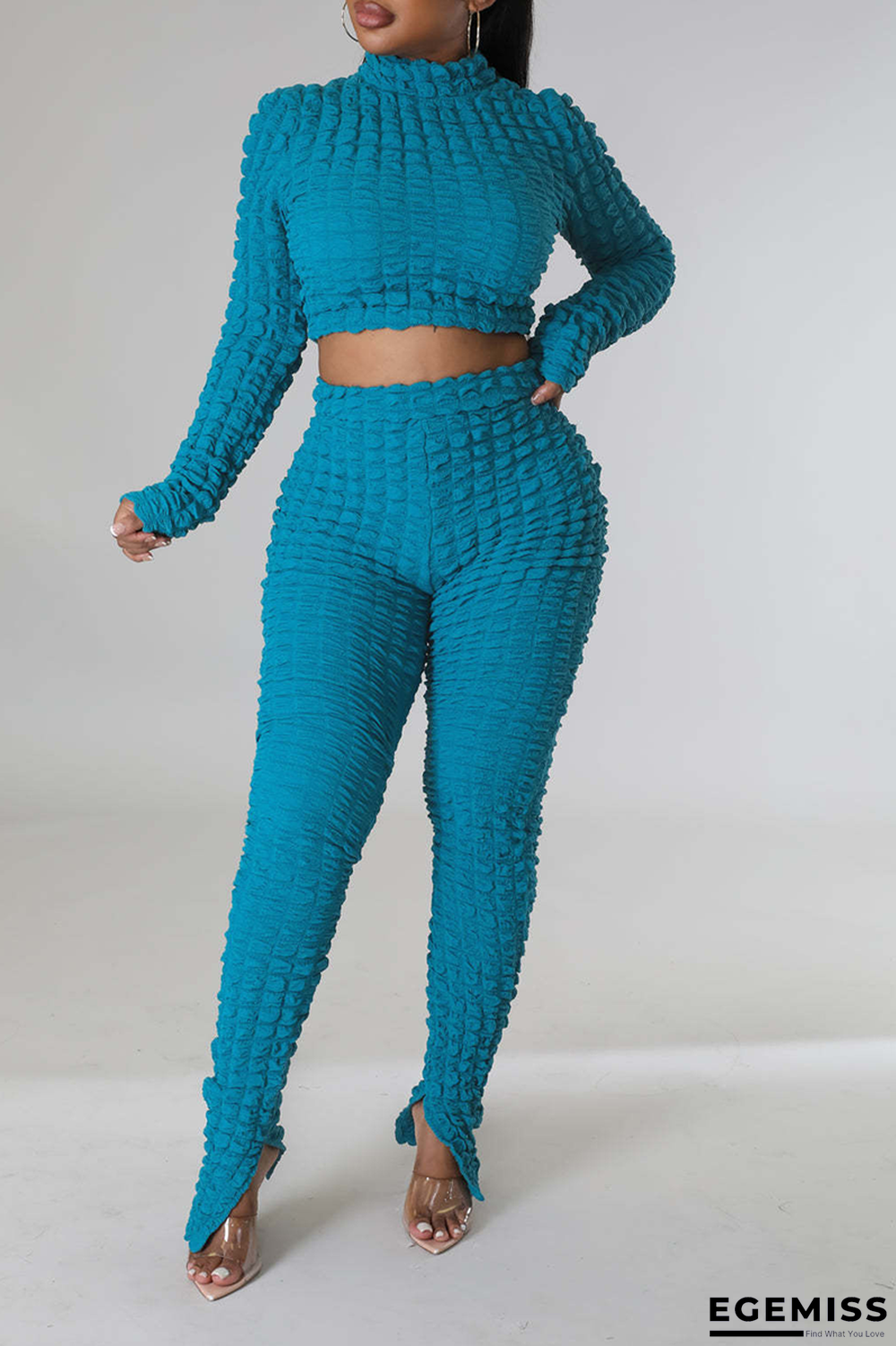 Sky Blue Street Solid Patchwork Turtleneck Long Sleeve Two Pieces | EGEMISS