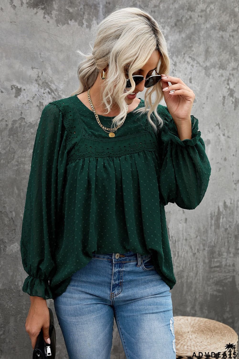 Swiss Dot Hollow Out Ruffle Sleeve Blouse