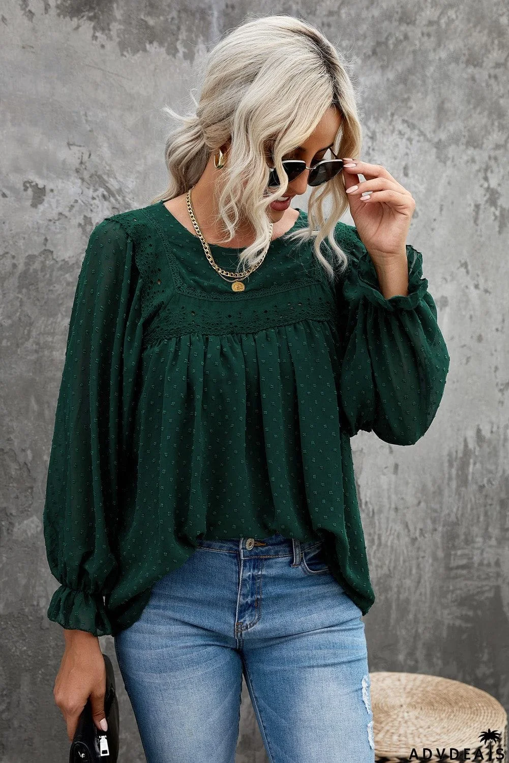 Swiss Dot Hollow Out Ruffle Sleeve Blouse