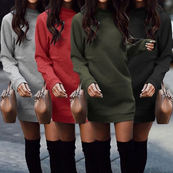 Autumn Winter Women's Fashion Round Neck Long Sleeve Thicken Hoodies Plus Size Pure Color Sweater Dresses - Shop Trendy Women's Fashion | TeeYours