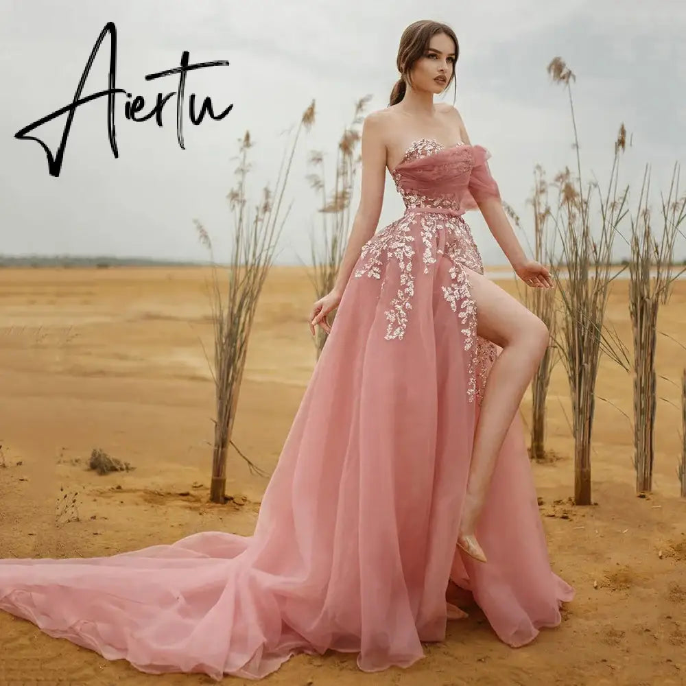 Aiertu Pink A-Line Appliques Tulle Prom Dress Sweetheart One Shoulder Straps Evening Gowns Sexy High Slit Party Dresses robe Aiertu