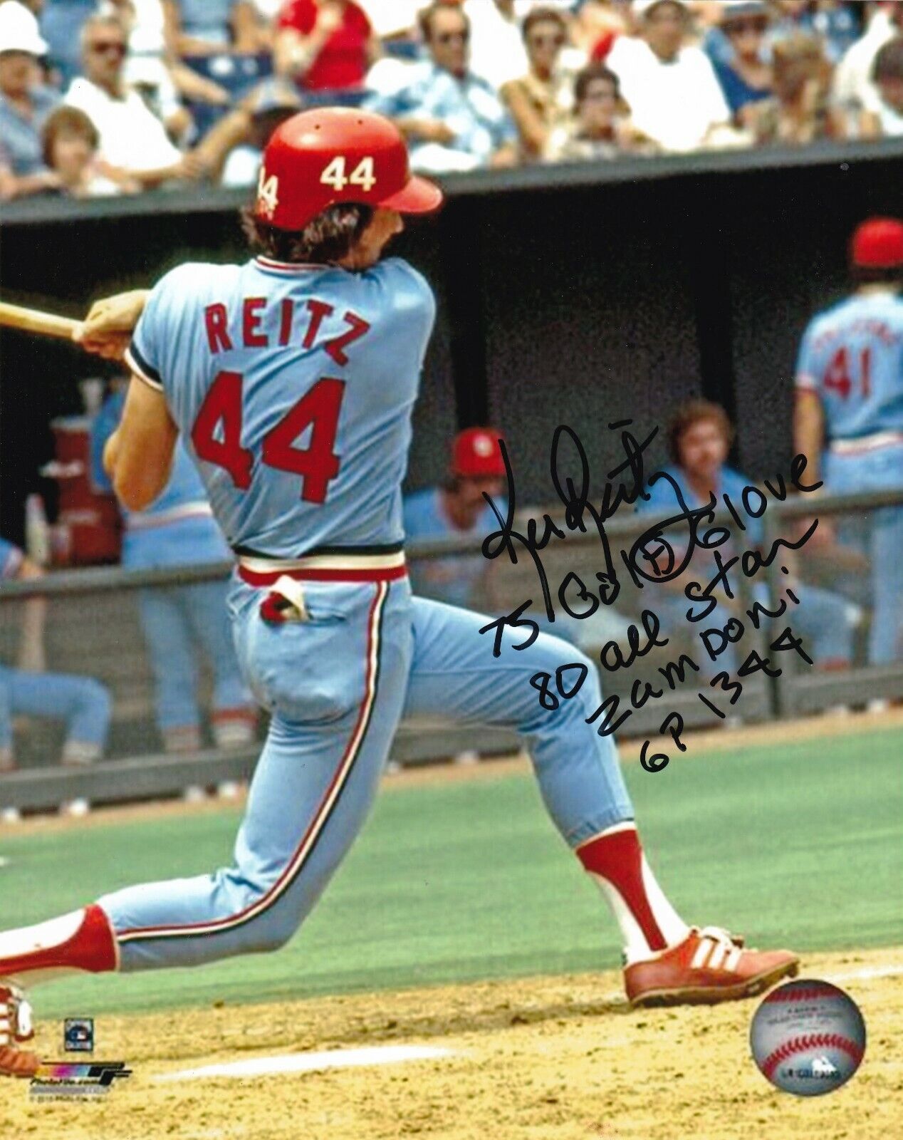 KEN REITZ ST. LOUIS CARDINALS GOLD GLOVE 75, STATS ACTION SIGNED 8x10