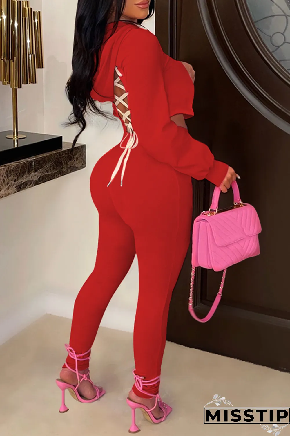 Orange Casual Solid Draw String O Neck Long Sleeve Two Pieces