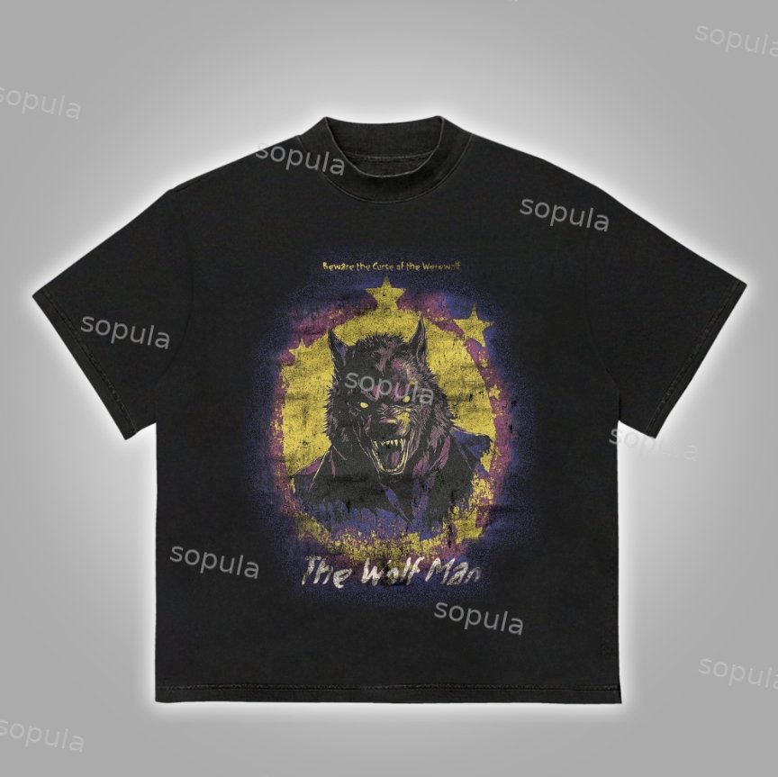 Vintage The Wolf Man Graphics Cotton T-Shirt - SOPULA