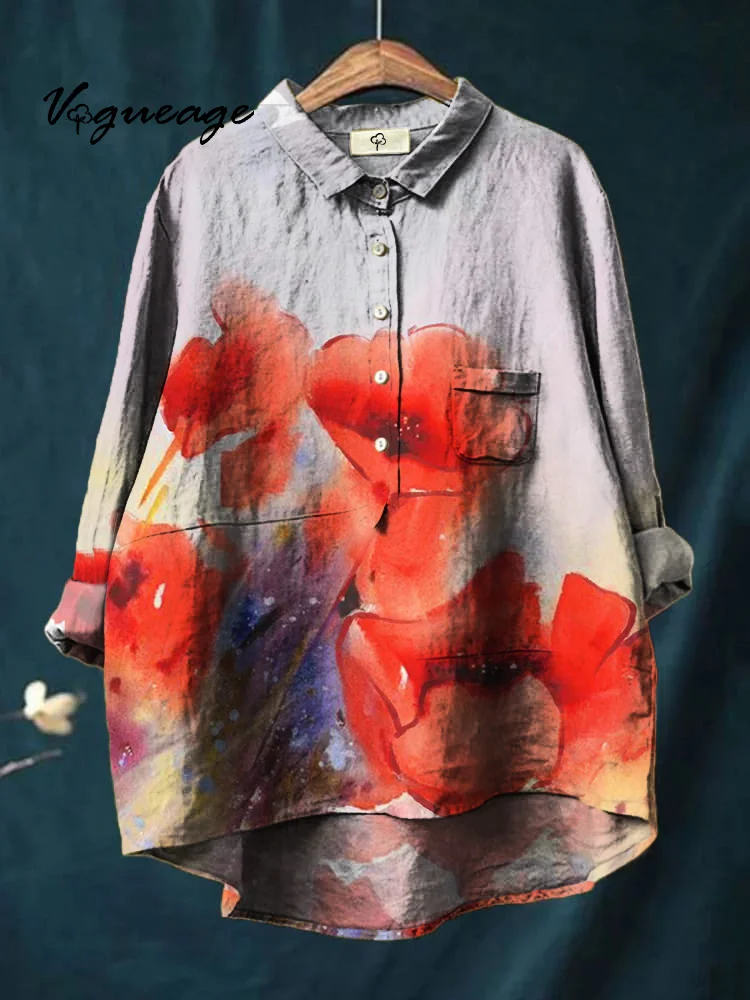 Beautiful And Passionate Flowers Print Cotton And Linen Shirt