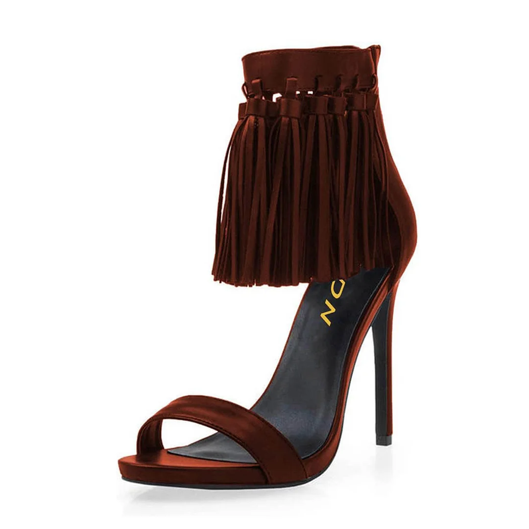 Maroon Vegan Leather Tassel Accent Stiletto Heel Sandals for Women