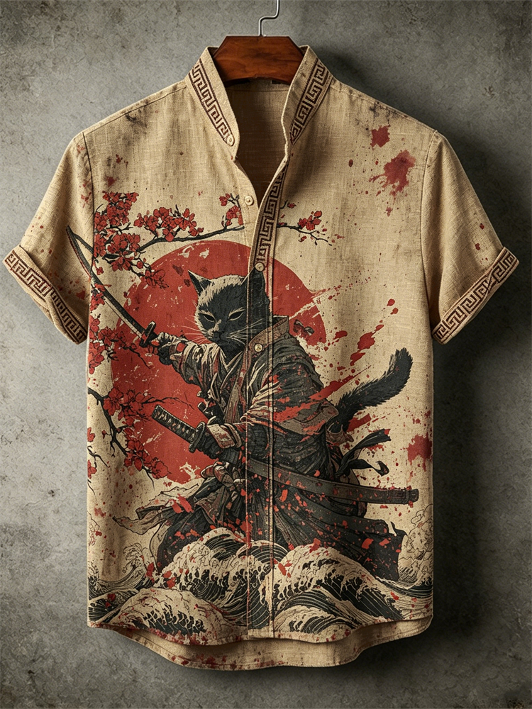 Men's Bloody Cruel Cat Samurai Sea Waves Linen Shirt elevenforest