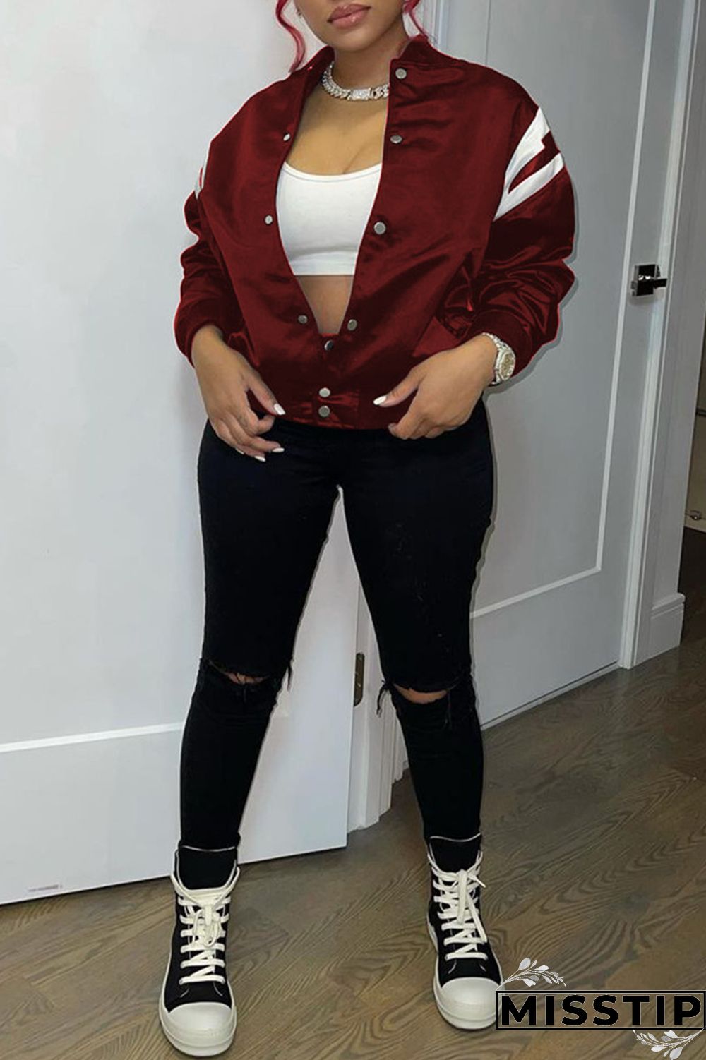 Burgundy Fashion Casual Print Patchwork Cardigan Outerwear