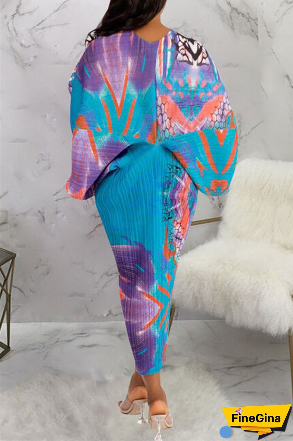 Pink Purple Casual Print Patchwork V Neck Pencil Skirt Plus Size Dresses