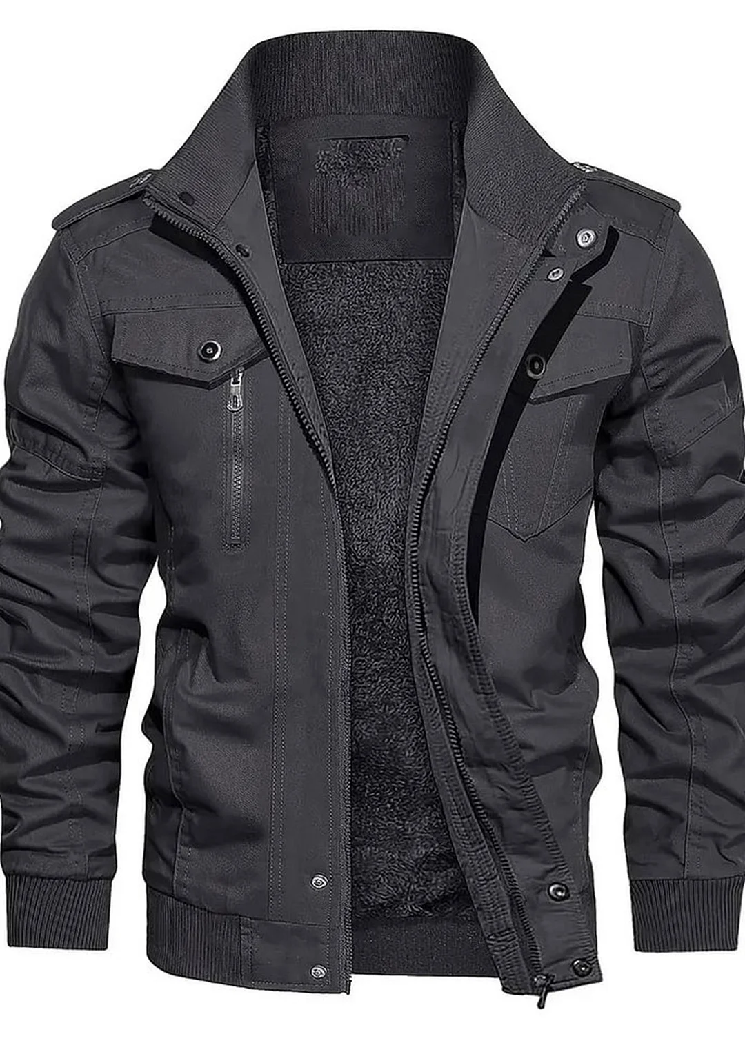 Men's Winter Stand Collar Cotton Workwear Jacket Multi-Pocket Lightweight Windbreaker Breathable Outdoor Solid Color Full Zip Jacket