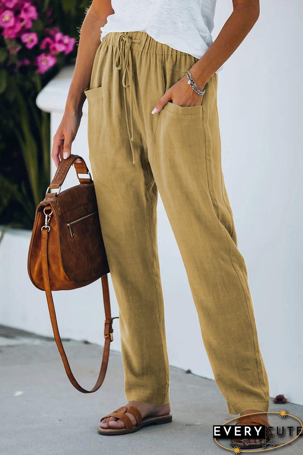 Khaki Casual Drawstring Elastic Waist Pants with Pockets