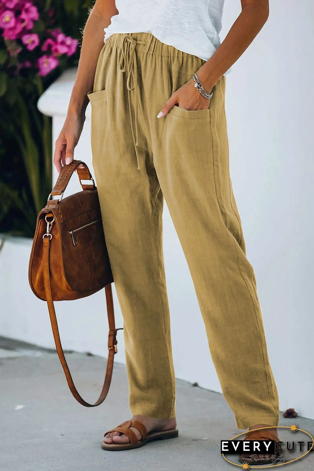 Khaki Casual Drawstring Elastic Waist Pants with Pockets