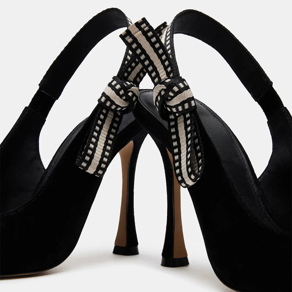 Pointed Toe Stiletto High Heel Slingback Black Pumps with Bow