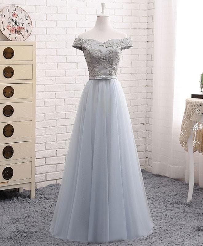 A Line Lace Tulle Off Shoulder Long Prom Dress