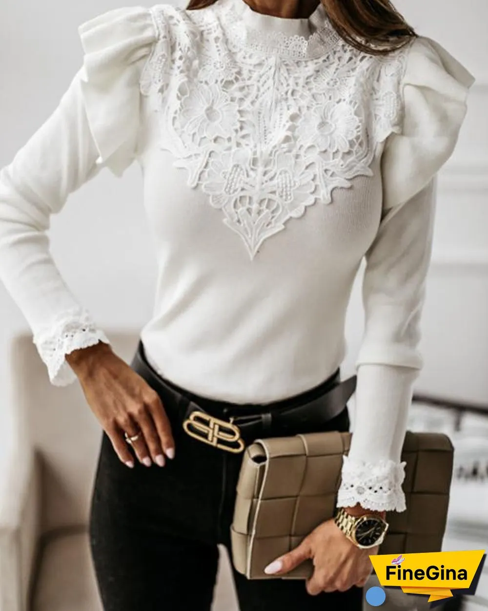 Long Sleeve Round Neck Lace Decorative Solid Color Shirt