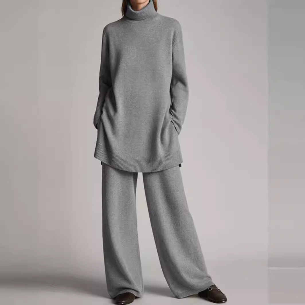 Loose Casual Knit Solid Color Turtleneck Suit