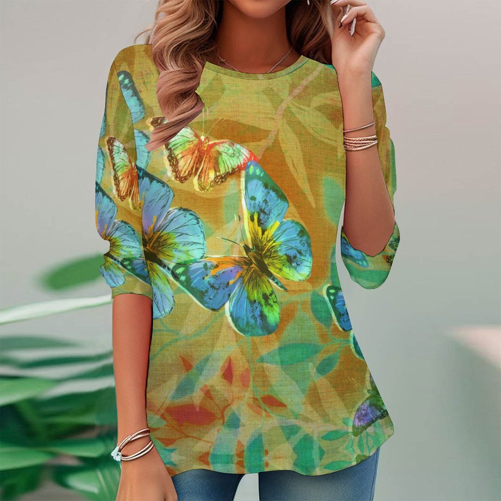 Women Long Sleeve V-neck Graphic Floral Printed Top