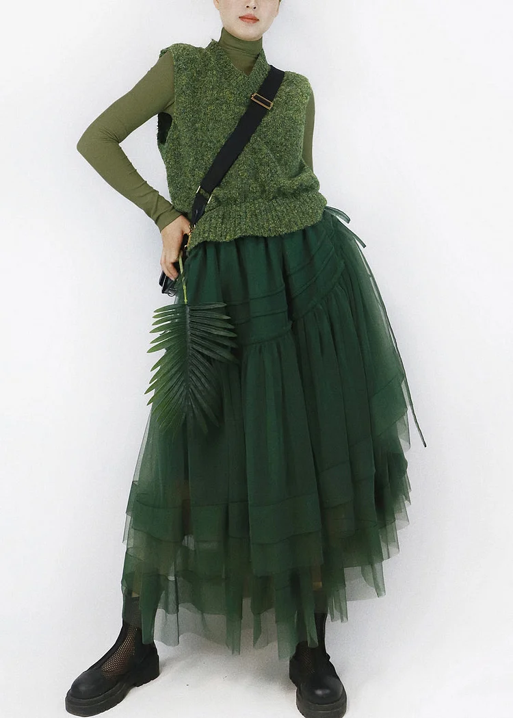 Italian Green V Neck Asymmetrical Tulle Patchwork Knit Long Dress Fall