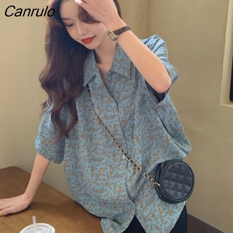 Canrulo Women Vintage Summer Turn Down Collar Print BF Style New Collection Feminine Cozy Simple All-match Unisex Chiffon Clothes