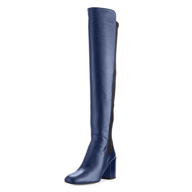 Navy Square Toe Boots Block Heel Over-the-Knee Long Boots |FSJ Shoes