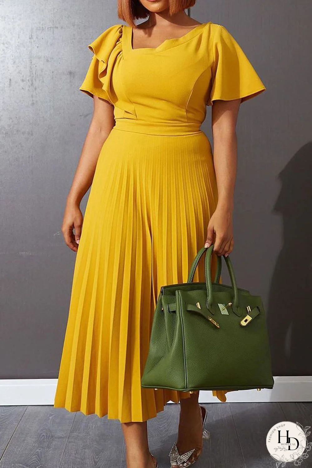 Yellow Casual Solid Patchwork Flounce Fold Asymmetrical Collar Straight Dresses