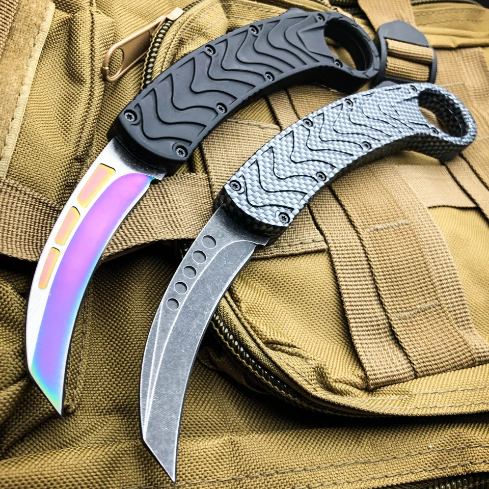 AUTO KARAMBIT DUAL ACTION OTF - Carbon Fiber or Rainbow Blade