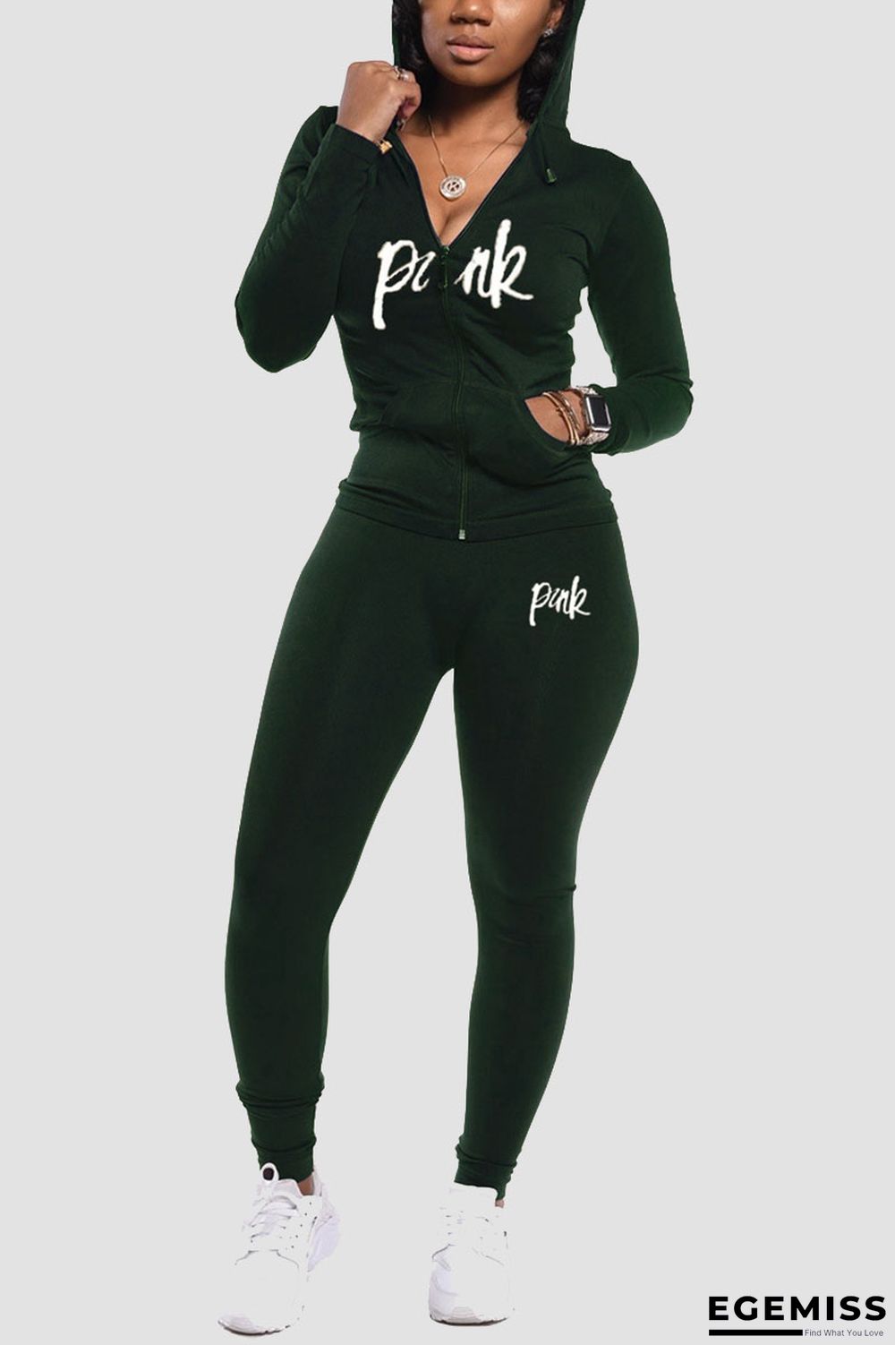 Black Green Fashion Casual Letter Print Letter Hooded Collar Long Sleeve Regular Sleeve Regular Two Pieces | EGEMISS