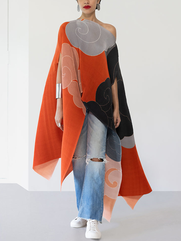Loose Irregular Hemline Pleated Long Poncho Printed Blouses