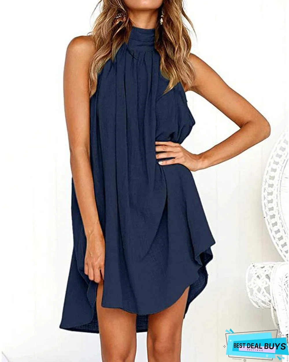 Trendy Printed Round Neck Pleated Sleeveless Dress