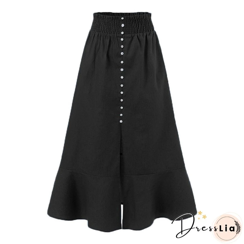 Women Elastic Waist Button Front Denim Skirt Flared Hem Casual Long Skirts