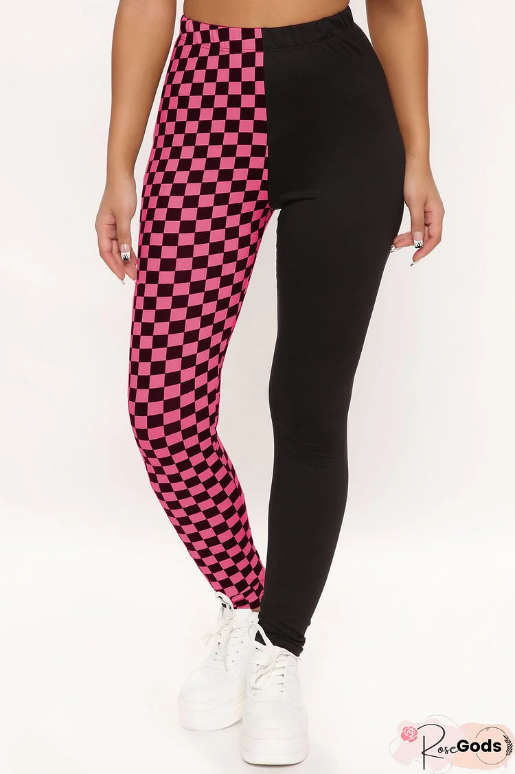 Checkerboard Plaid Patchwork Print Slim Pants
