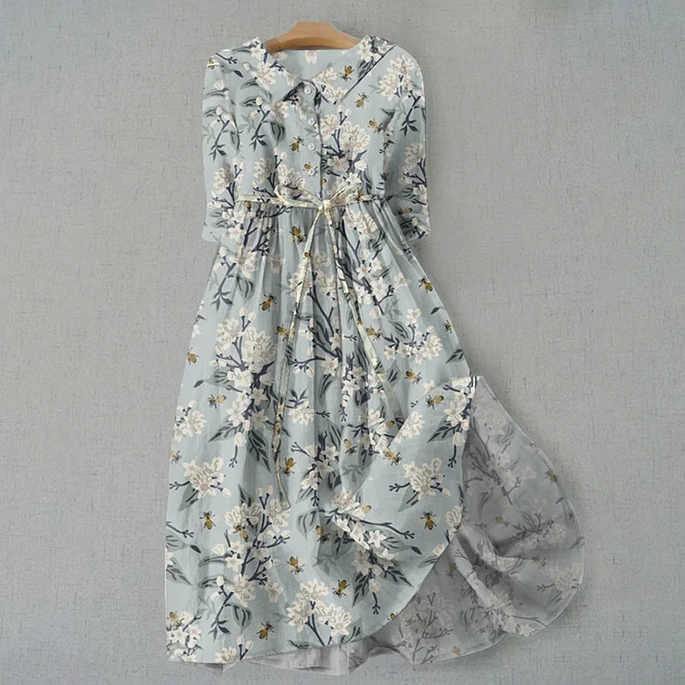 Utbros Elegant Floral And Bee Design Print Lace-up Casual Midi Dress