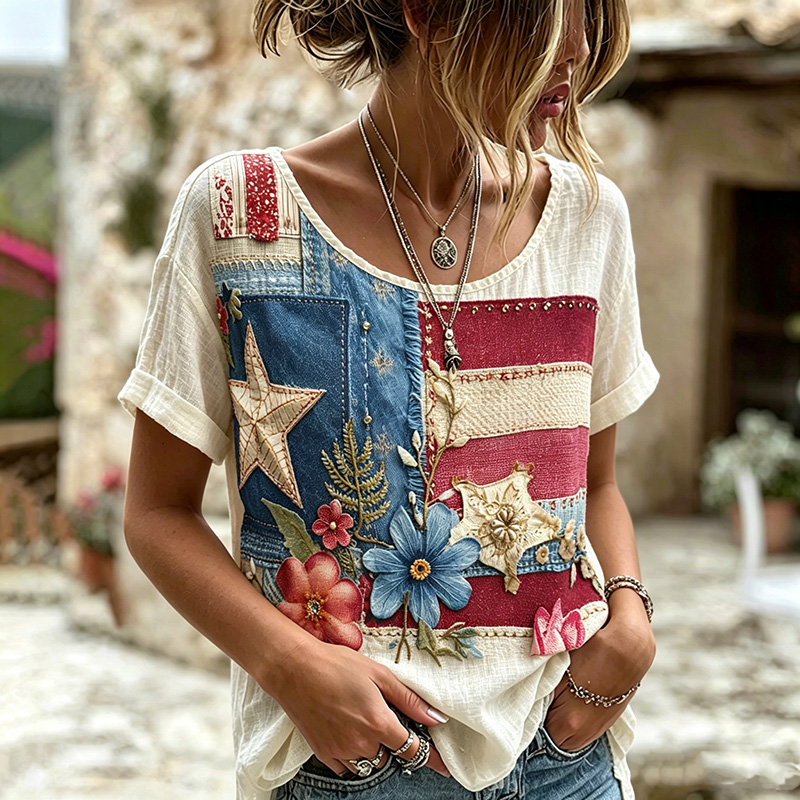  Women's Vintage Floral Patchwork Art Print Linen Blend T-shirt Westsshops
