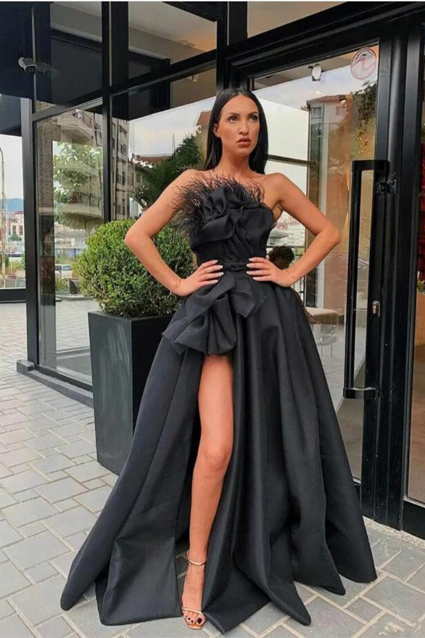 Oknass Stylish Black Strapless Pleated Split Long Prom Dress With Feather