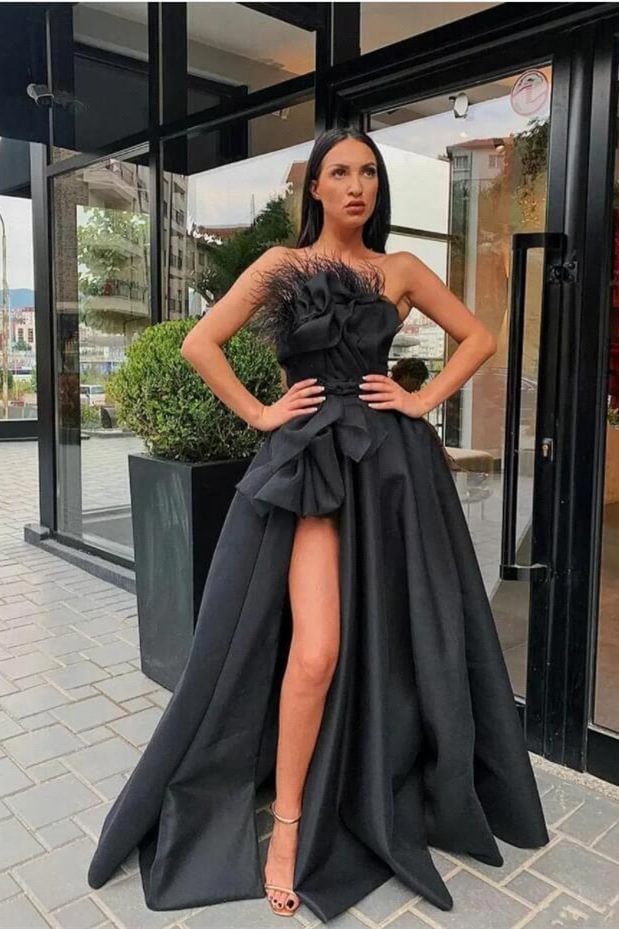 Black Long Prom Dress Split With Feather PD0468 - Okdais