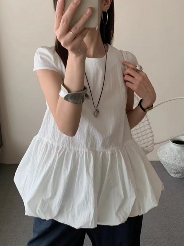 Flared Hem Round Neck Short Sleeve Textured Casual Top