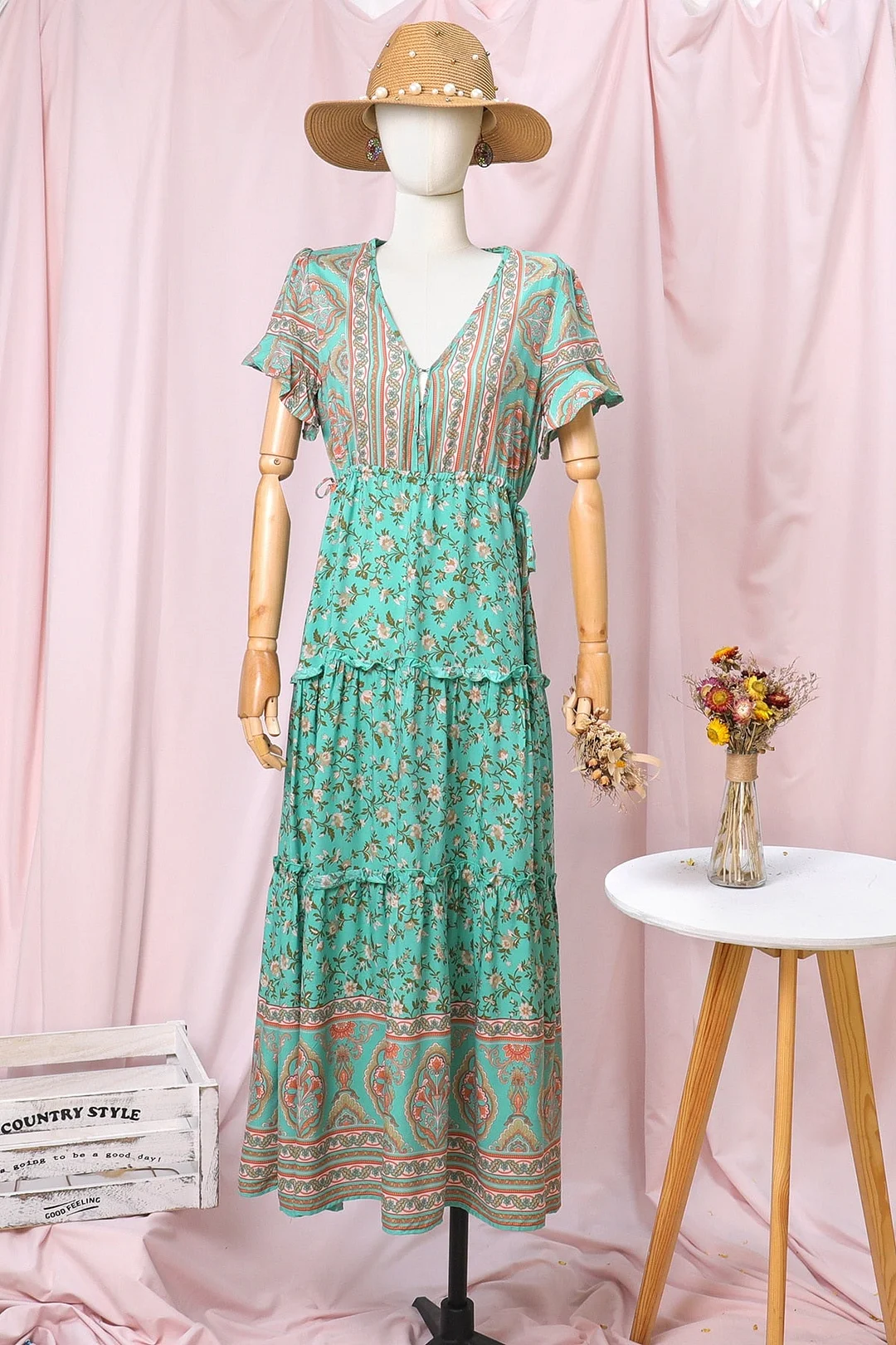 ZA Bohemian Floral Printed Maxi Dress Women Vintage Short Sleeve V Neck Ruffle Dresses For Women Casual Summer Beach Long Dress