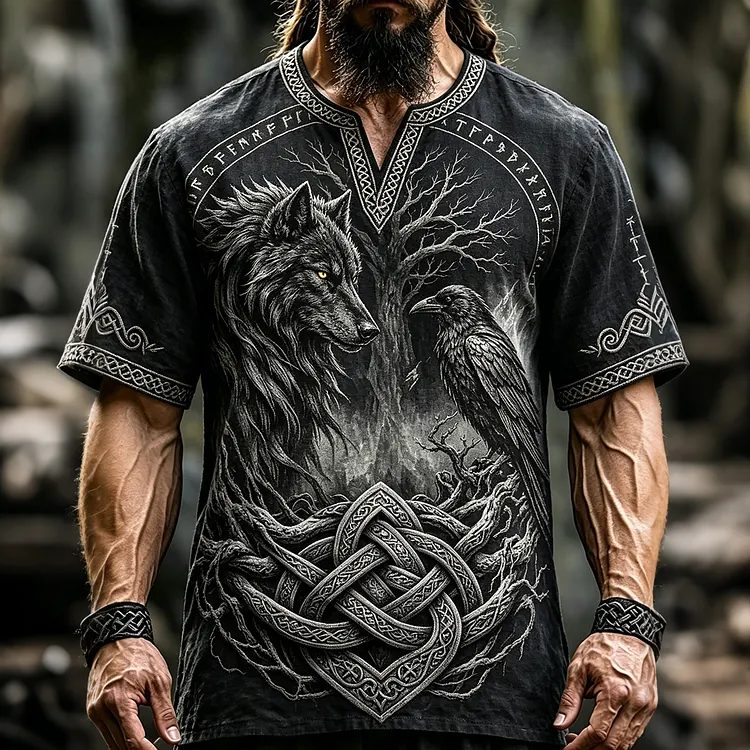 Men's Viking Wolf Raven Tree Design Short-sleeve T-shirt