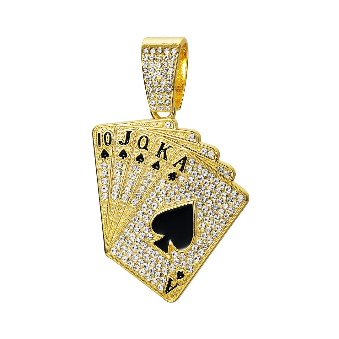 Zirconia Playing Cards Cuban Gold Plated Necklace