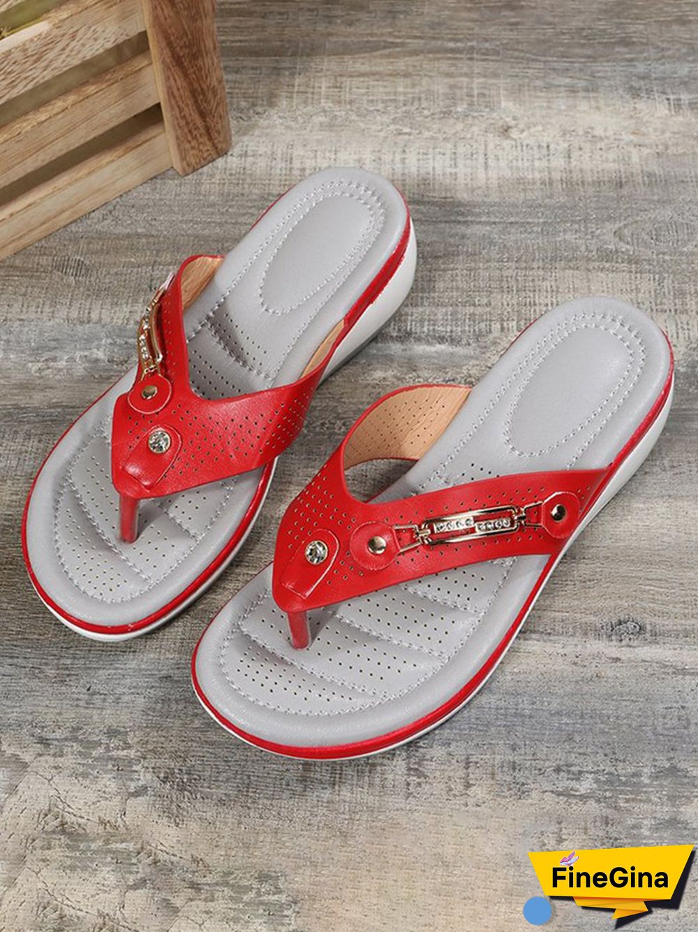 Metal Rhinestone Slope Heel Flip-Flops