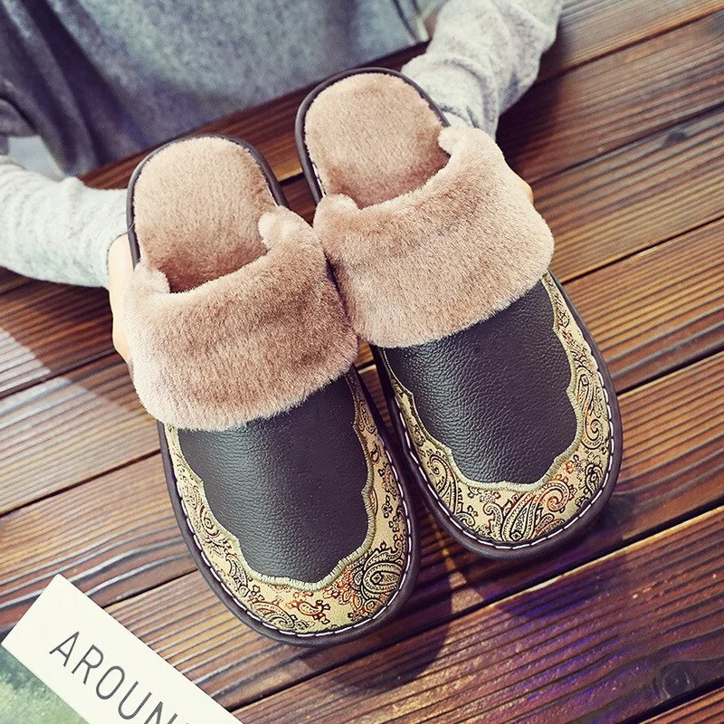Waterproof Home Slippers Women Men Winter Warm Flat House Shoes Man Soft Comfort Female Shoes Leather Indoor Slippers