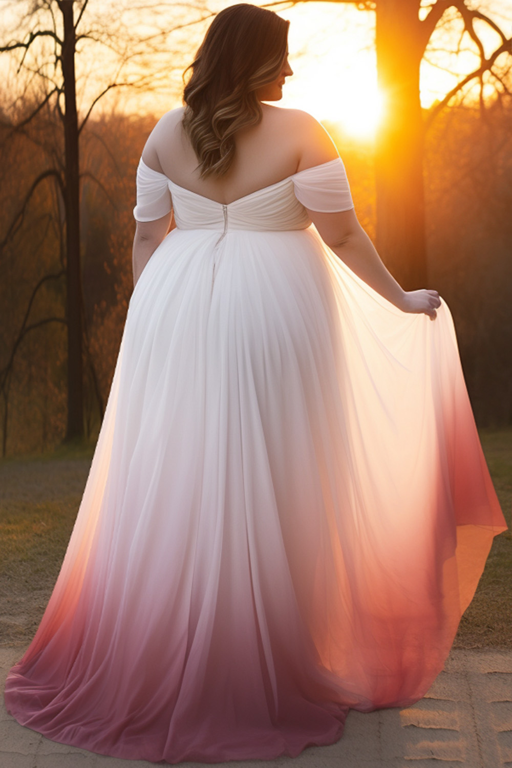 Design Plus Size Formal Bridesmaid Elegant Pink Gradient Off The Shoulder Tulle Maxi Dresses [Pre-Order]