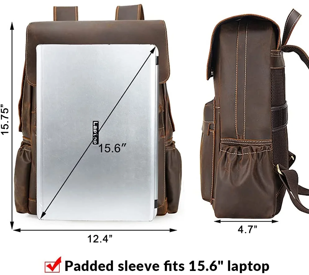 Vintage Full Grain Leather Backpack 15.6 Inch Laptop Bag Travel School Daypack